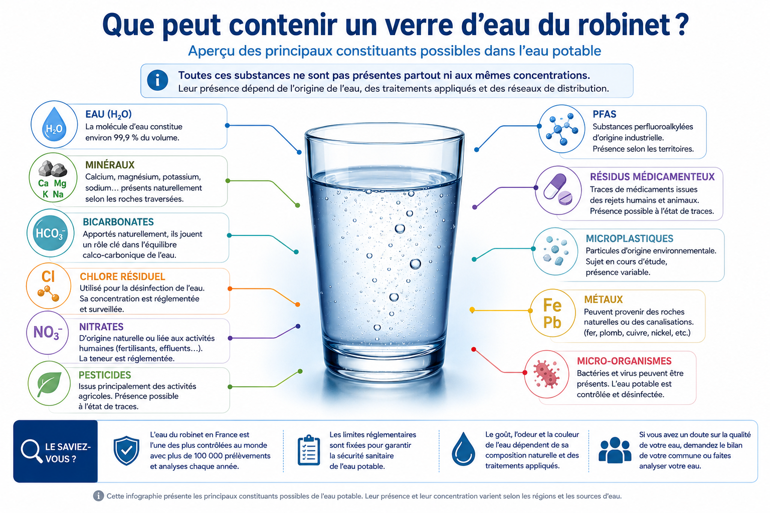 Composition d'un verre d'eau potable et principaux constituants susceptibles d'être présents